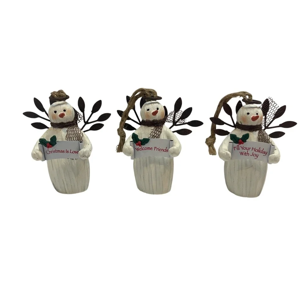 Ganz Lot of 3 Snowman Angel Ornaments wood Metal w/sign Friends Love Holiday Joy